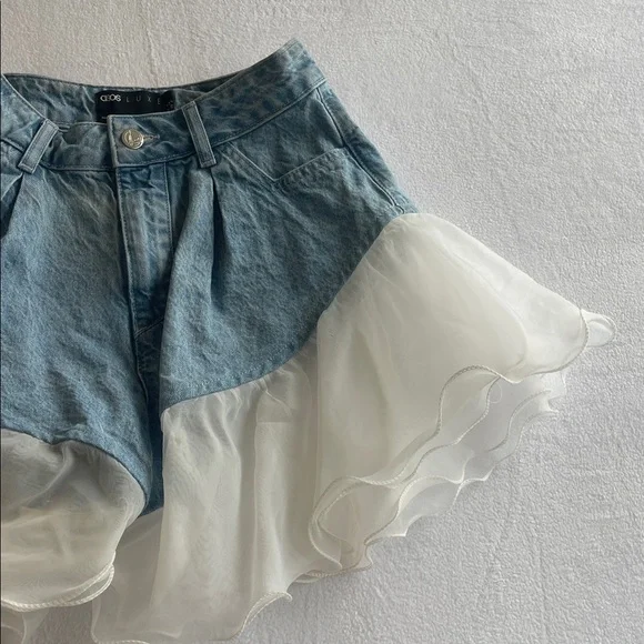 ASOS LUXE DENIM SHORTS WITH CHIFFON FRILL HEM BLUE SIZE 2 - Picture 5 of 5
